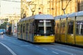 Yellow tram drives along a street. The Berlin tramway German: StraÃÅ¸enbahn Berlin is the main